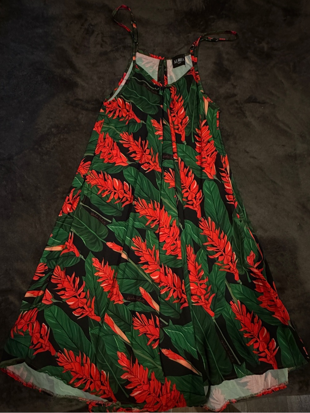 ALOHA tahiti dress with Red Floral & Green Leaves